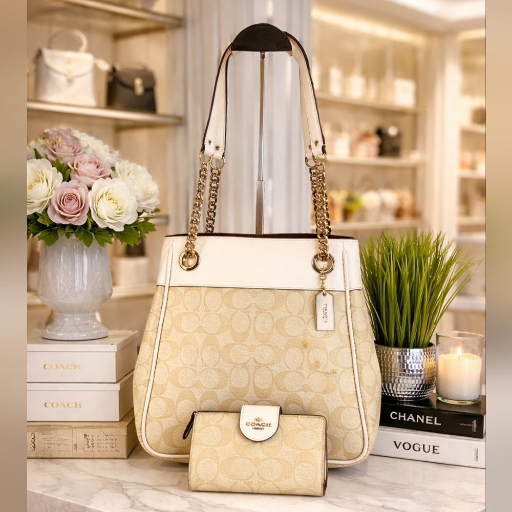 Coach Cammie Chain Bucket Signature Khaki Chalk Shoulder Bag Wallet Set Purse